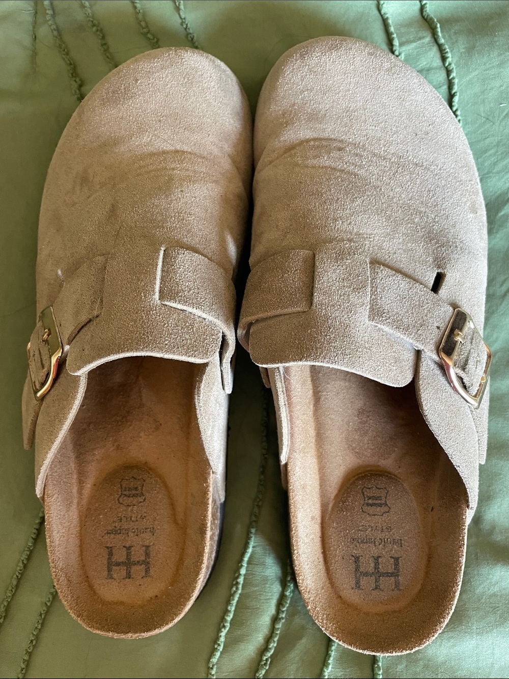 Women's Taupe Suede Slip-On Mule with Buckle